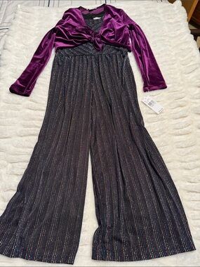 Girl’s Knitworks Purple Velvet Crop Top with Black Glitter Stripe Wide-Leg Jumps